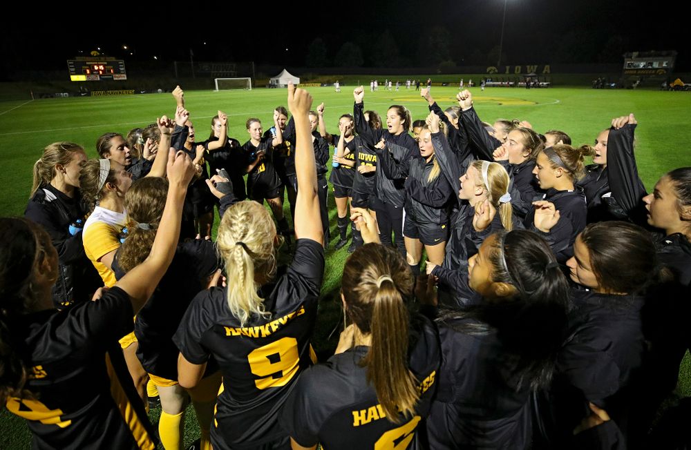The Iowa Hawkeyes sing the fight song after their match against Illinois at the Iowa Soccer Complex in Iowa City on Thursday, Sep 26, 2019. (Stephen Mally/hawkeyesports.com)