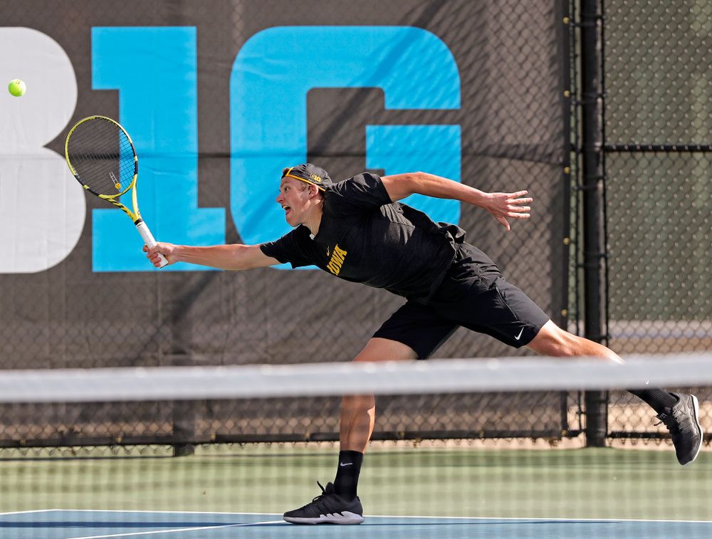Iowa's Joe Tyler competes during a match against Ohio State at the Hawkeye Tennis and Recreation Complex in Iowa City on Sunday, Apr. 7, 2019. (Stephen Mally/hawkeyesports.com)