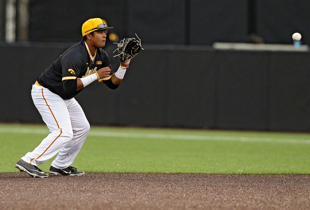 Iowa Hawkeyes second baseman Izaya Fullard (20) looks in a ball during the seventh inning of their game against Illinois State at Duane Banks Field in Iowa City on Wednesday, Apr. 3, 2019. (Stephen Mally/hawkeyesports.com)