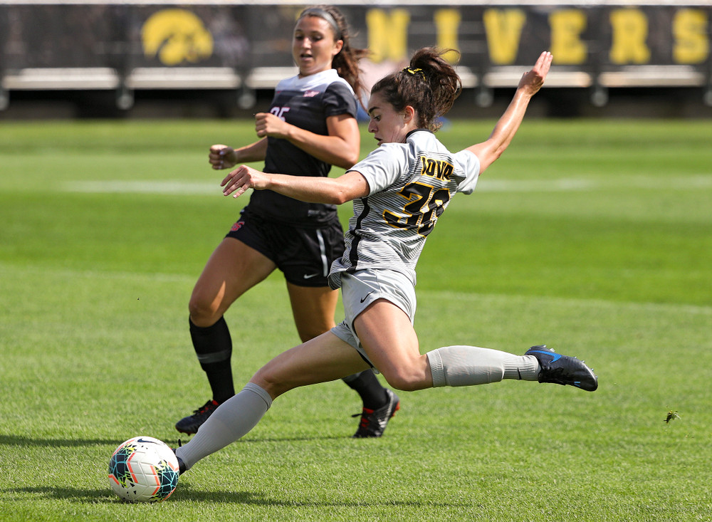 Iowa forward Devin Burns (30) lines up a shot during the first half of their match at the Iowa Soccer Complex in Iowa City on Sunday, Sep 1, 2019. (Stephen Mally/hawkeyesports.com)