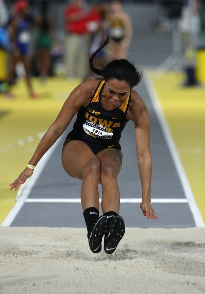 Iowa's Tria Simmons competes in the long jump during the Black and Gold Premier meet Saturday, January 26, 2019 at the Recreation Building. (Brian Ray/hawkeyesports.com)