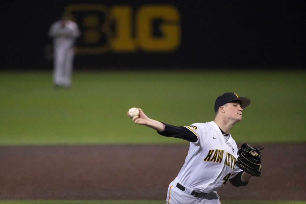 Iowa pitcher Trace Hoffman  at game 1 vs Rutgers on Friday, April 5, 2019 at Duane Banks Field. (Lily Smith/hawkeyesports.com)