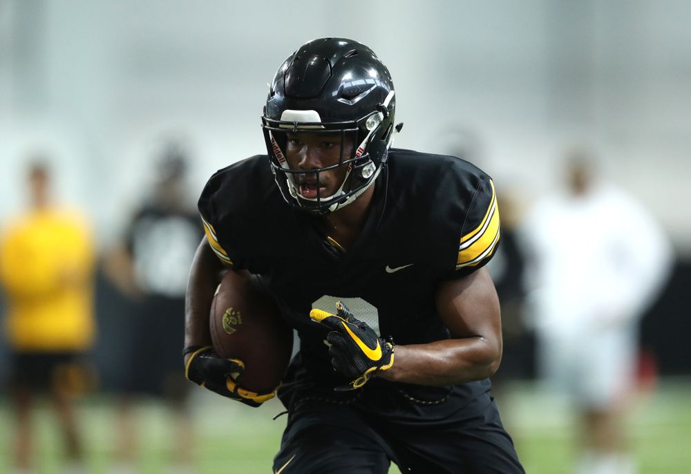 Iowa Hawkeyes wide receiver Tyrone Tracy Jr. (3) during Fall Camp Practice No. 16 Tuesday, August 20, 2019 at the Ronald D. and Margaret L. Kenyon Football Practice Facility. (Brian Ray/hawkeyesports.com)