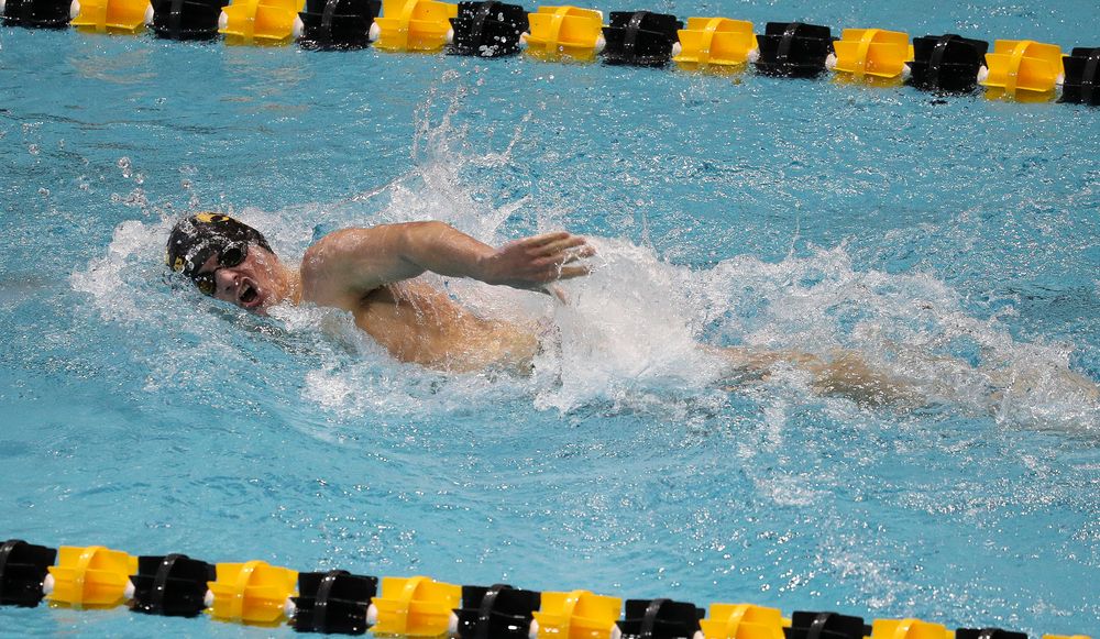 Iowa's Tom Schab competes in the 500-yard freestyle during a meet against Michigan and Denver at the Campus Recreation and Wellness Center on November 3, 2018. (Tork Mason/hawkeyesports.com)