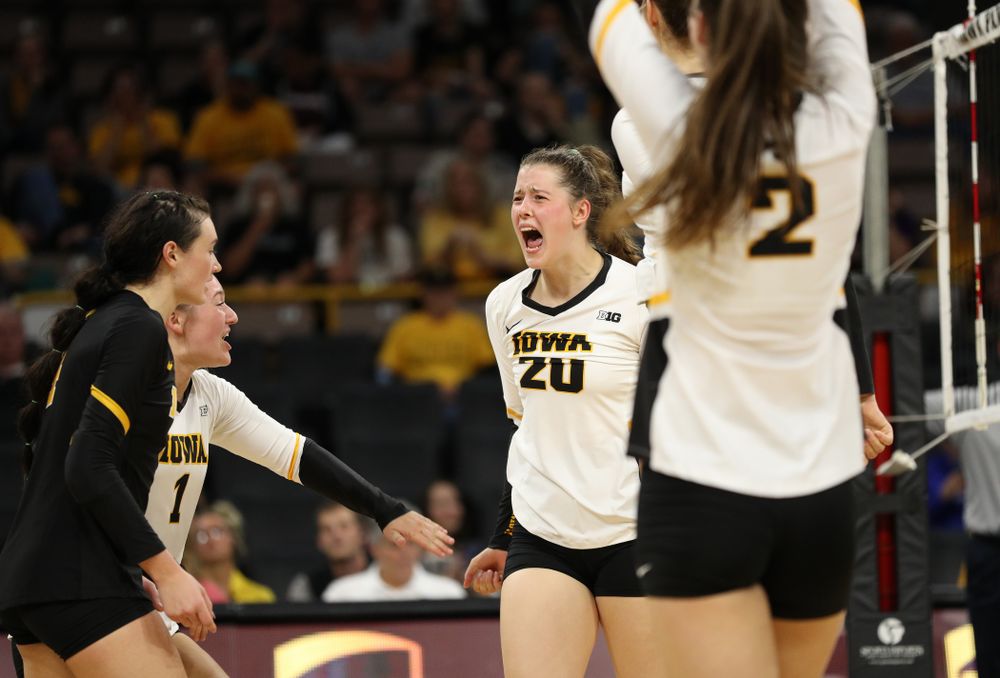 Iowa Hawkeyes outside hitter Edina Schmidt (20) against the Minnesota Golden Gophers Wednesday, October 2, 2019 at Carver-Hawkeye Arena. (Brian Ray/hawkeyesports.com)