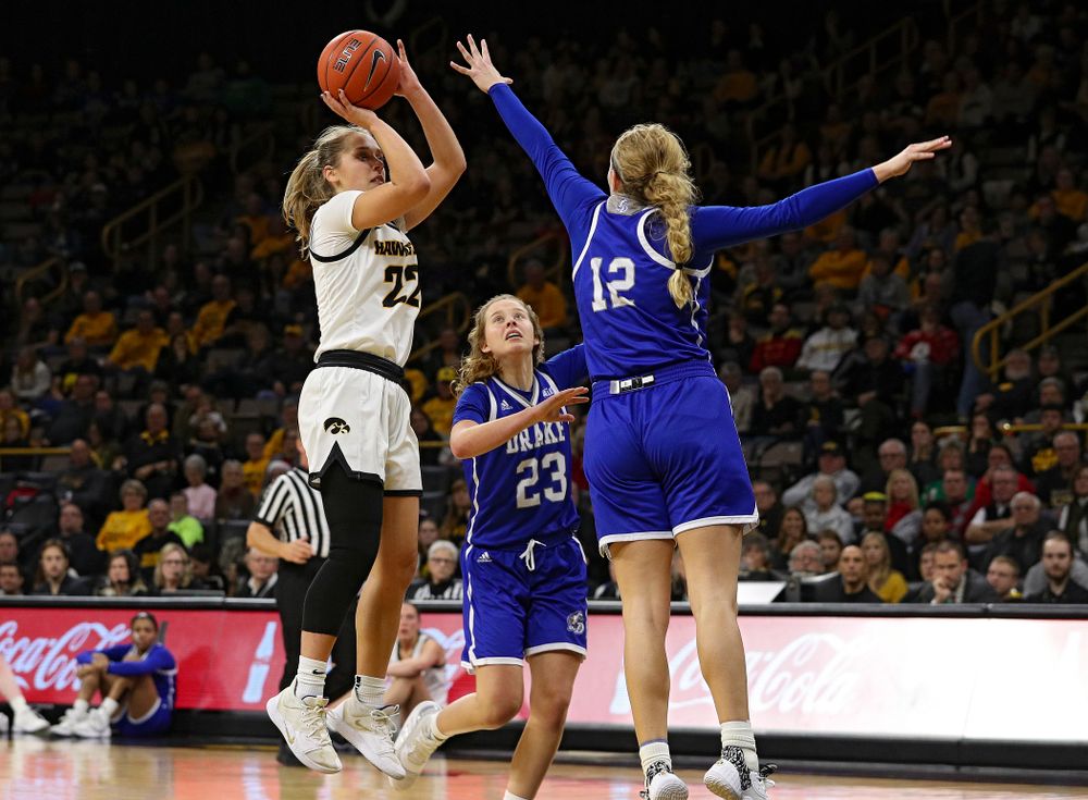 Iowa Hawkeyes guard Kathleen Doyle (22) puts up a shot during the third quarter of their game at Carver-Hawkeye Arena in Iowa City on Saturday, December 21, 2019. (Stephen Mally/hawkeyesports.com)