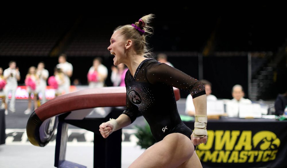 Iowa’s Allyson Steffensmeier competes on the vault against Michigan Friday, February 14, 2020 at Carver-Hawkeye Arena. (Brian Ray/hawkeyesports.com)