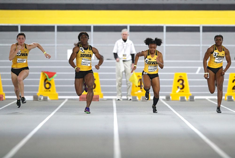 Iowa’s Jenny Kimbro (from left), Antonise Christian, Lasarah Hargrove, and Traci Brown run the women’s 60 meter dash event during the Hawkeye Invitational at the Recreation Building in Iowa City on Saturday, January 11, 2020. (Stephen Mally/hawkeyesports.com)