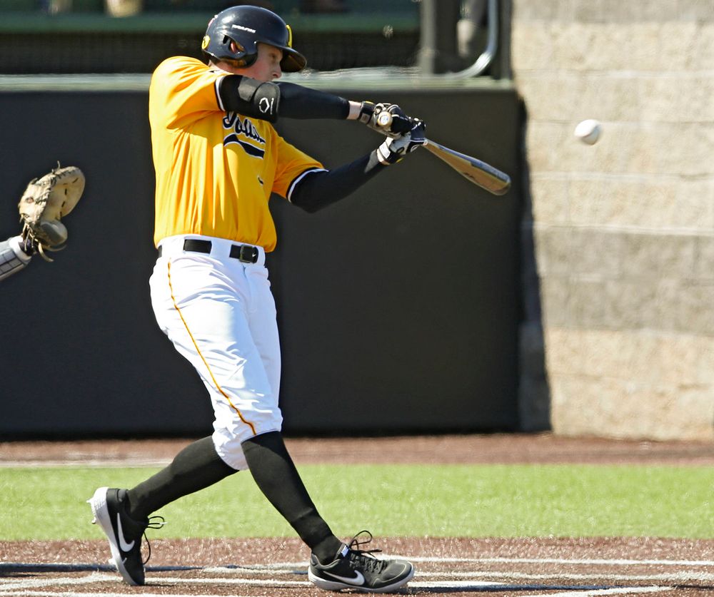 Iowa Hawkeyes left fielder Trenton Wallace (38) bats during the first inning against Illinois at Duane Banks Field in Iowa City on Sunday, Mar. 31, 2019. (Stephen Mally/hawkeyesports.com)