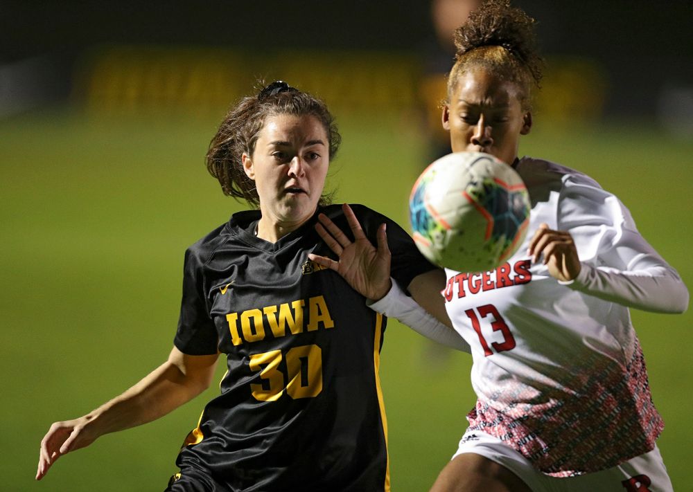 Iowa forward Devin Burns (30) eyes the ball during the first half of their match at the Iowa Soccer Complex in Iowa City on Friday, Oct 11, 2019. (Stephen Mally/hawkeyesports.com)