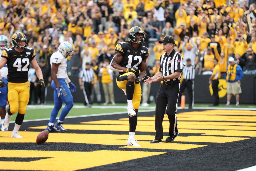 Iowa Hawkeyes wide receiver Brandon Smith (12) celebrates after scoring against Middle Tennessee State Saturday, September 28, 2019 at Kinnick Stadium. (Max Allen/hawkeyesports.com)