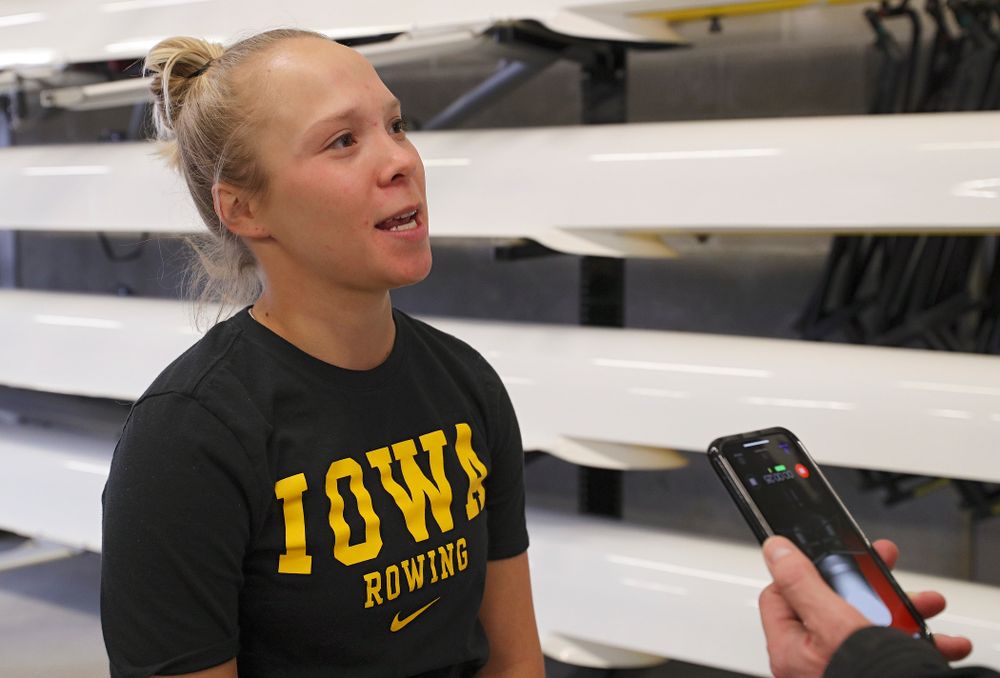 Iowa's Logan Jones answers a question during media availability at the P. Sue Beckwith, M.D., Boathouse in Iowa City on Wednesday, Apr. 10, 2019. (Stephen Mally/hawkeyesports.com)
