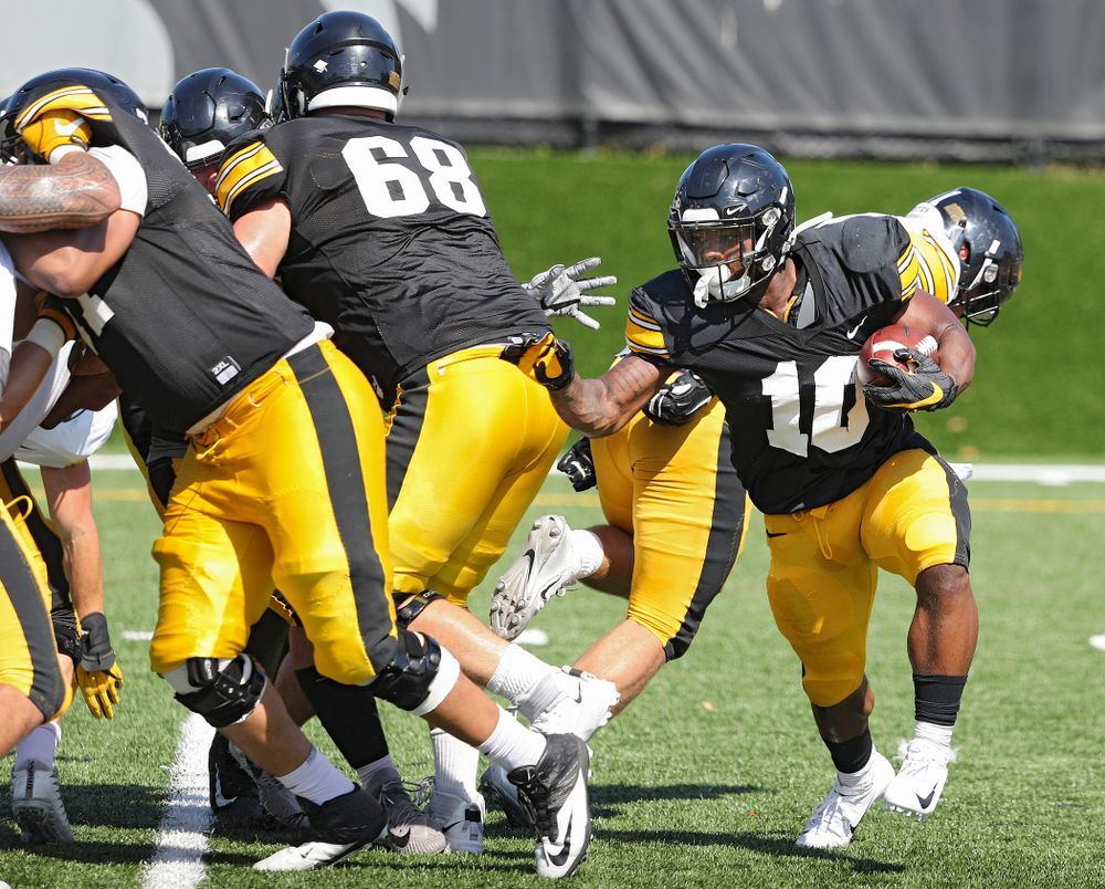 Iowa Hawkeyes running back Mekhi Sargent (10) carries the ball during Fall Camp Practice #5 at the Hansen Football Performance Center in Iowa City on Tuesday, Aug 6, 2019. (Stephen Mally/hawkeyesports.com)