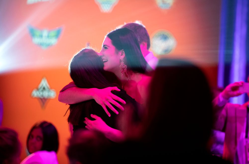 Iowa Hawkeyes forward Megan Gustafson (10) hugs her mother after being selected by the Dallas Wings in the second round of the 2019 WNBA Draft Wednesday, April 10, 2019 at Nike New York Headquarters in New York City. (Brian Ray/hawkeyesports.com)
