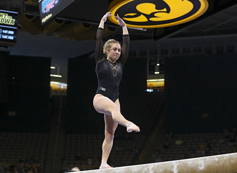 Iowa’s Alex Greenwald competes on the beam during their meet at Carver-Hawkeye Arena in Iowa City on Sunday, March 8, 2020. (Stephen Mally/hawkeyesports.com)