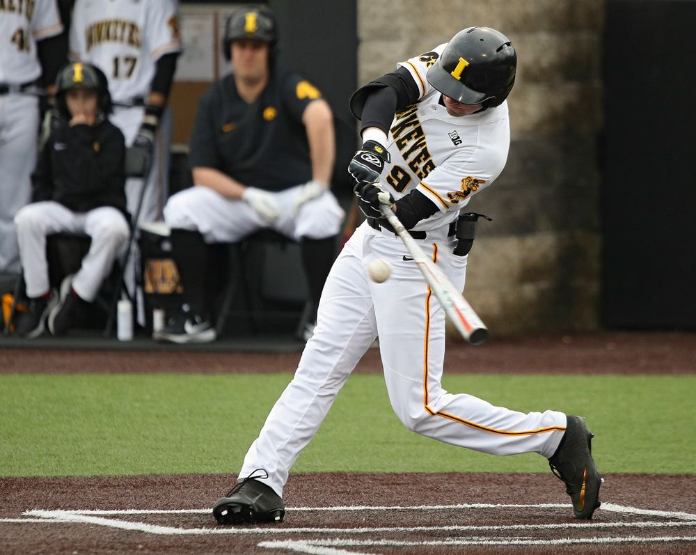 Iowa outfielder Ben Norman (9) bats during the fifth inning of their college baseball game at Duane Banks Field in Iowa City on Wednesday, March 11, 2020. (Stephen Mally/hawkeyesports.com)