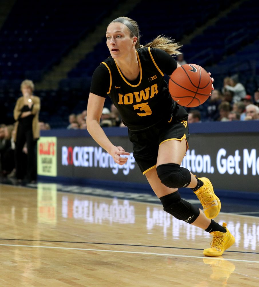Iowa Hawkeyes guard Makenzie Meyer (3) against the Penn State Nittany Lions Thursday, January 30, 2020 at the Bryce Jordan Center. (Brian Ray/hawkeyesports.com)