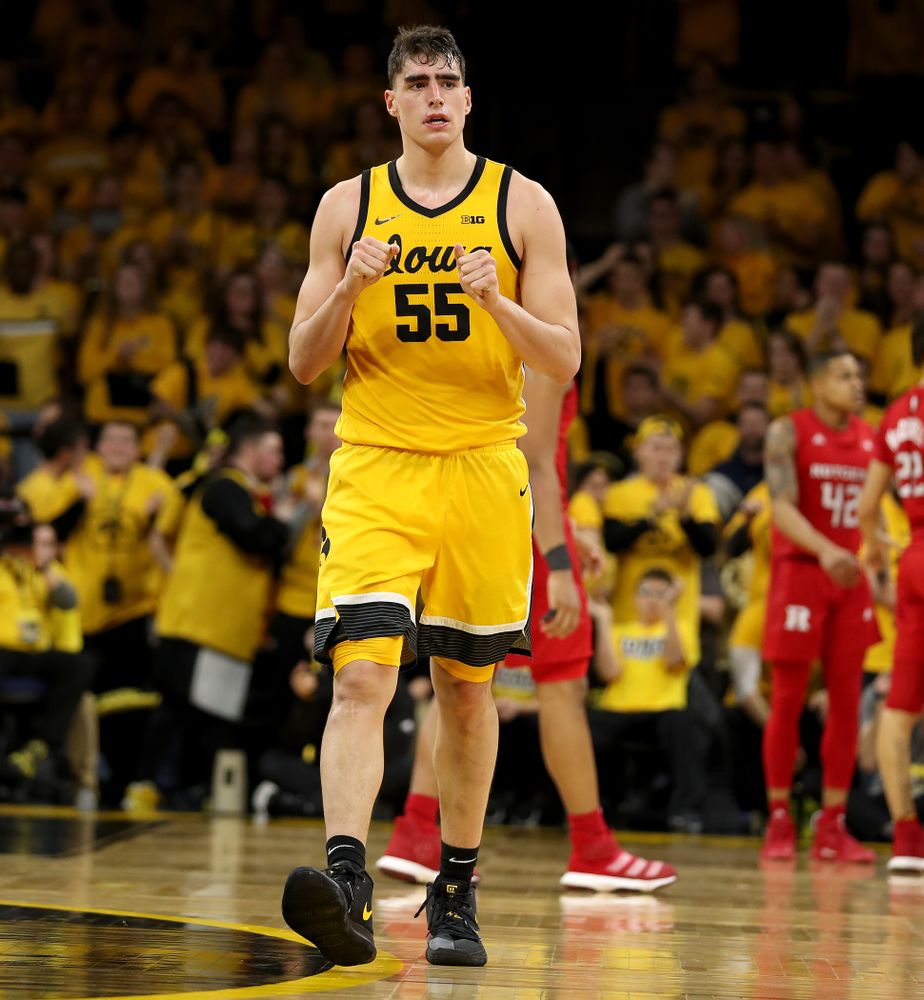 Iowa Hawkeyes forward Luka Garza (55) celebrates late in the game against the Rutgers Scarlet Knights  Wednesday, January 22, 2020 at Carver-Hawkeye Arena. (Brian Ray/hawkeyesports.com)