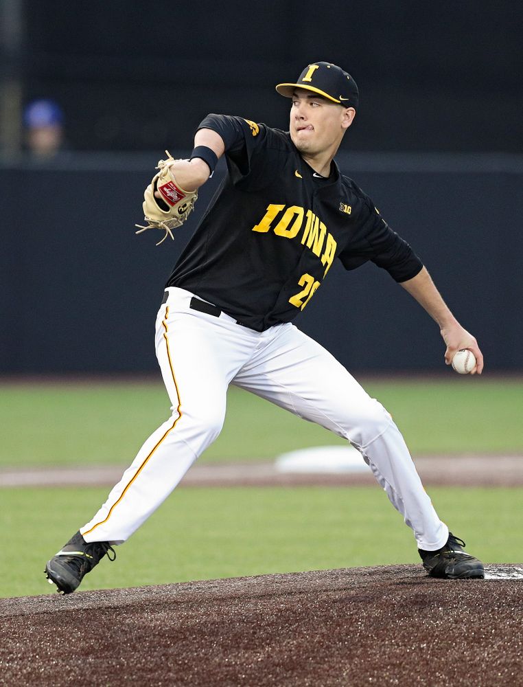 Iowa pitcher Adam Ketelsen (26) delivers to the plate during the ninth inning of their college baseball game at Duane Banks Field in Iowa City on Tuesday, March 10, 2020. (Stephen Mally/hawkeyesports.com)