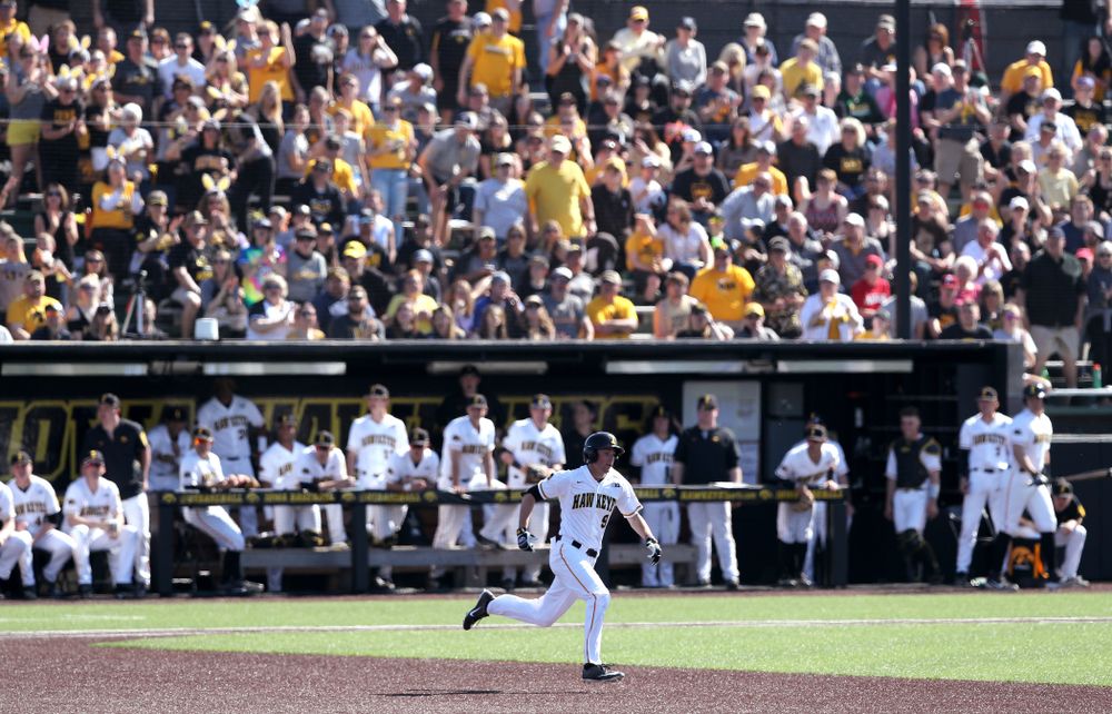 Iowa Hawkeyes outfielder Ben Norman (9) doubles against the Nebraska Cornhuskers Saturday, April 20, 2019 at Duane Banks Field. (Brian Ray/hawkeyesports.com)