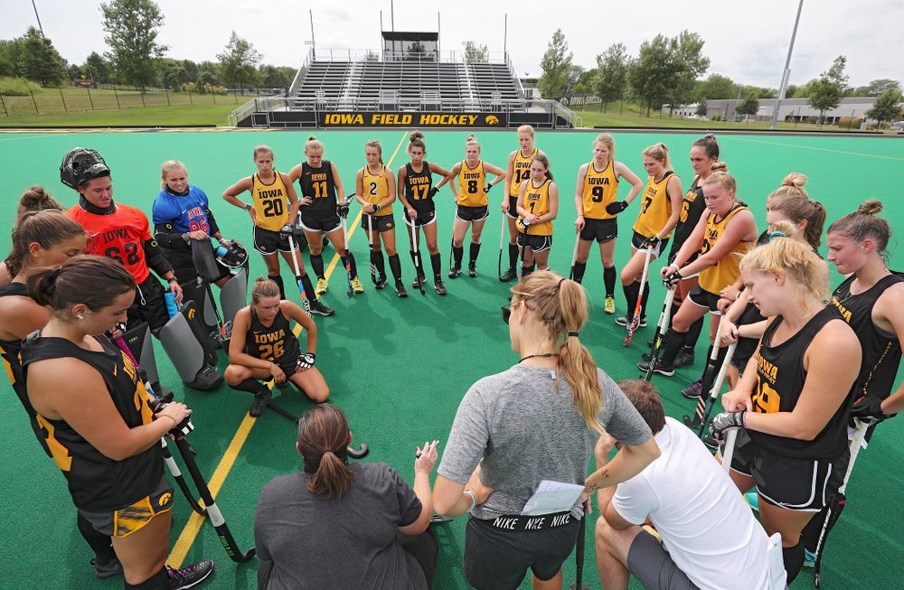 Iowa head coach Lisa Cellucci talks with her team during practice at Grant Field in Iowa City on Thursday, Aug 15, 2019. (Stephen Mally/hawkeyesports.com)