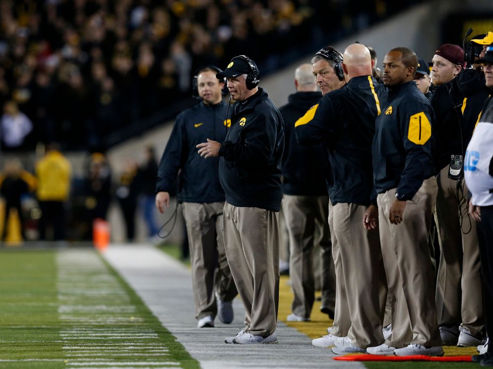 Iowa Hawkeyes defensive line coach Reese Morgan works the sideline during the second half against the Minnesota Golden Gophers Saturday, November 14, 2015 at Kinnick Stadium. (Brian Ray/hawkeyesports.com)