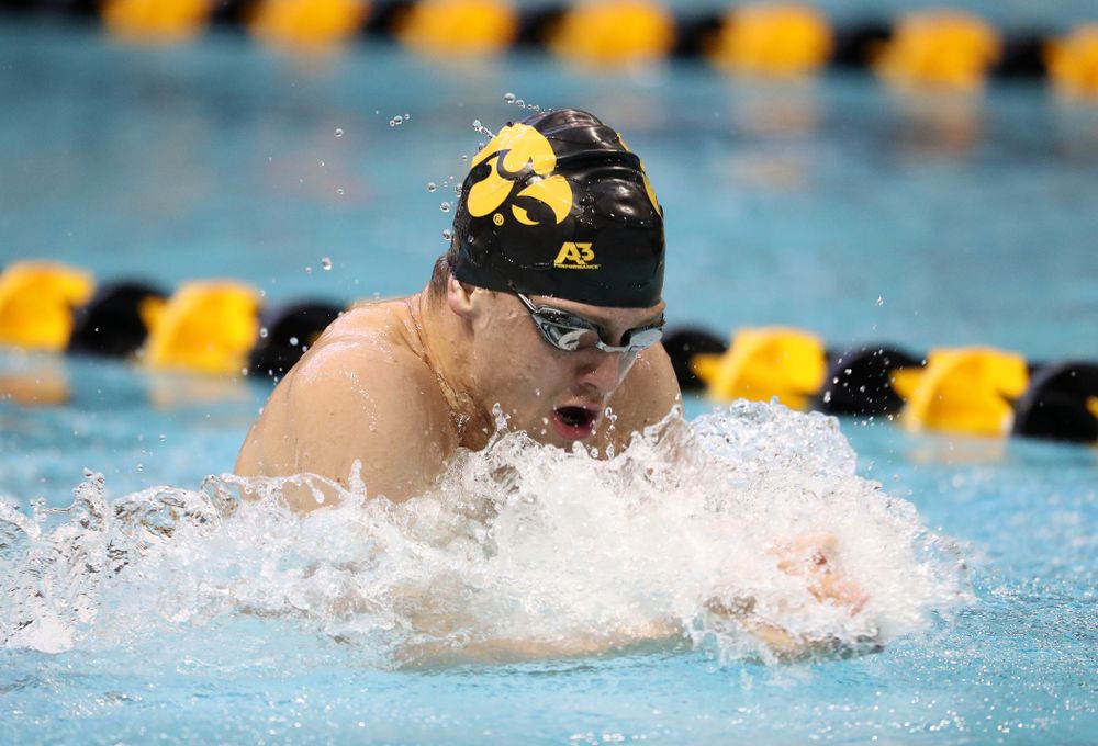 Iowa's Caleb Babb swims the breaststroke leg of the 200 yard medley relay during a double dual against Wisconsin and Northwestern Saturday, January 19, 2019 at the Campus Recreation and Wellness Center. (Brian Ray/hawkeyesports.com)
