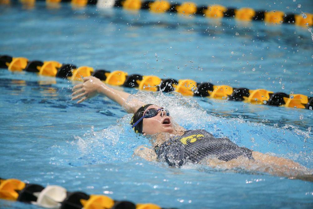 Iowa’s Anna Brooker swims the 200-yard backstroke during the Iowa swimming and diving meet vs Notre Dame and Illinois on Saturday, January 11, 2020 at the Campus Recreation and Wellness Center. (Lily Smith/hawkeyesports.com)