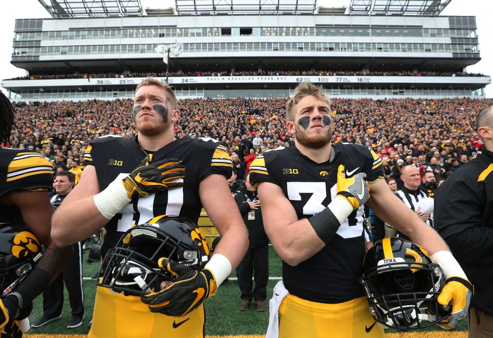 Iowa Hawkeyes defensive end Parker Hesse (40) and defensive back Jake Gervase (30) before their game against the Nebraska Cornhuskers Friday, November 23, 2018 at Kinnick Stadium. (Brian Ray/hawkeyesports.com)