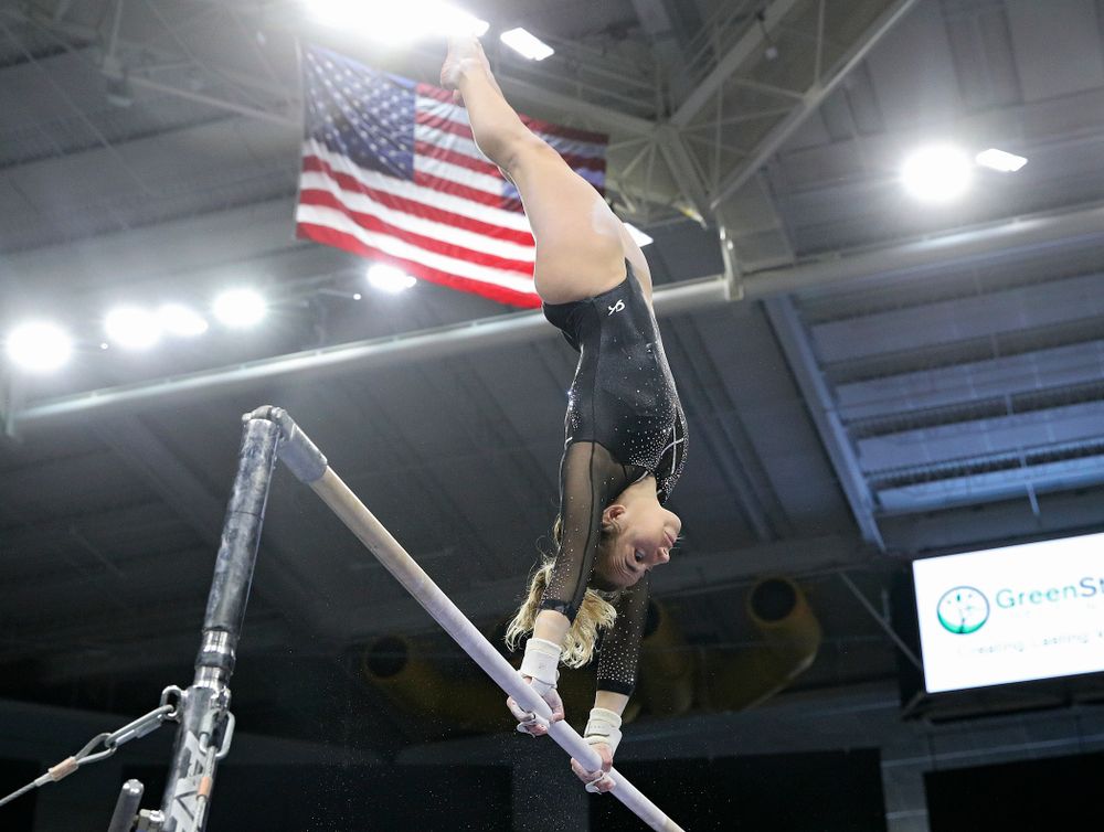 Iowa’s Alex Greenwald competes on the bars during their meet at Carver-Hawkeye Arena in Iowa City on Sunday, March 8, 2020. (Stephen Mally/hawkeyesports.com)