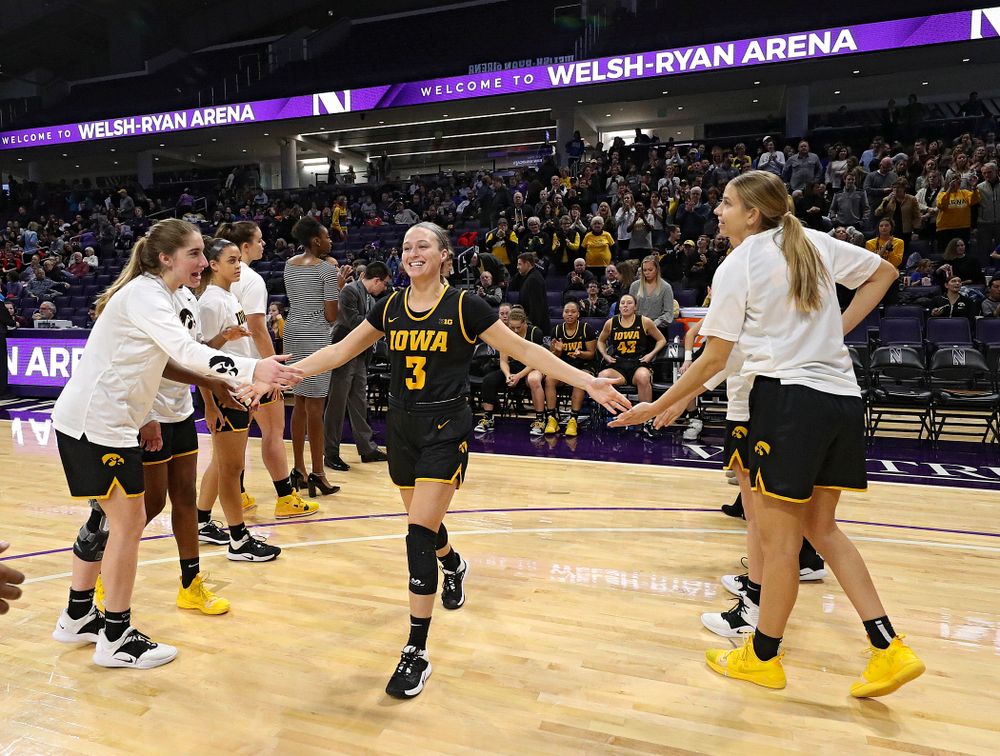 Iowa Hawkeyes guard Makenzie Meyer (3) is introduced before their game at Welsh-Ryan Arena in Evanston, Ill. on Sunday, January 5, 2020. (Stephen Mally/hawkeyesports.com)