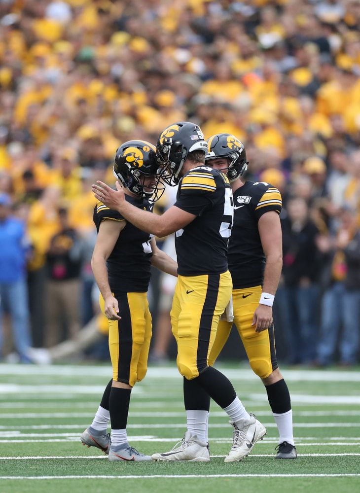 Iowa Hawkeyes long snapper Jackson Subbert (50) anD place kicker Keith Duncan (3) gainst Middle Tennessee State Saturday, September 28, 2019 at Kinnick Stadium. (Max Allen/hawkeyesports.com)