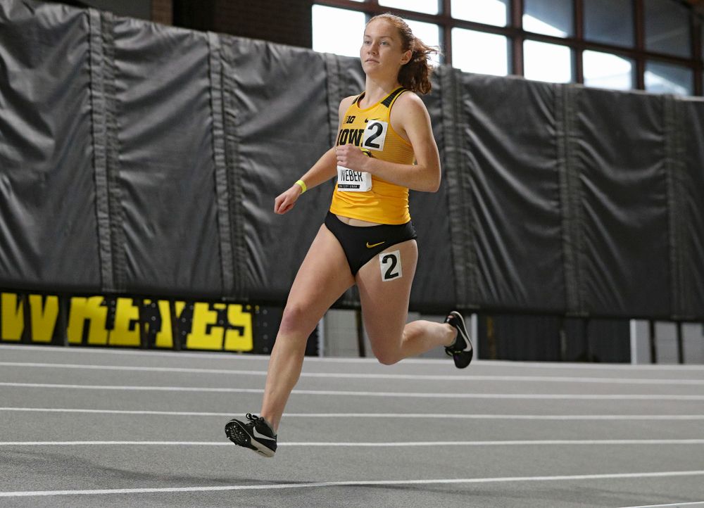 Iowa’s Macie Weber runs the women’s 1000 meter run event during the Hawkeye Invitational at the Recreation Building in Iowa City on Saturday, January 11, 2020. (Stephen Mally/hawkeyesports.com)