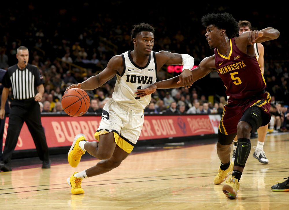 Iowa Hawkeyes guard Joe Toussaint (1) against the Minnesota Golden Gophers Monday, December 9, 2019 at Carver-Hawkeye Arena. (Brian Ray/hawkeyesports.com)