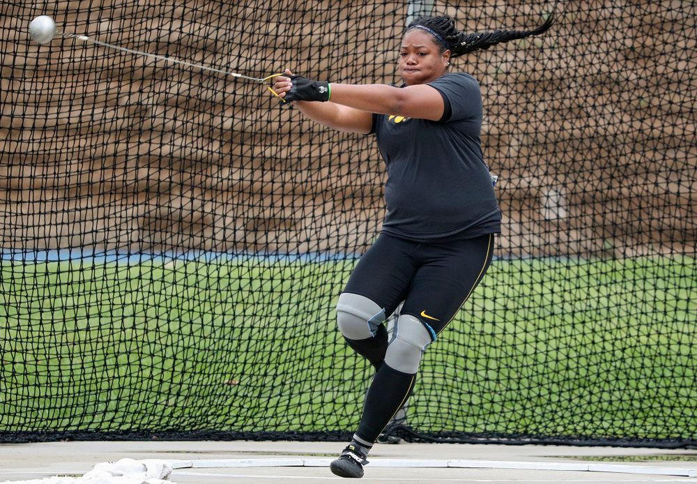Iowa's Laulauga Tausaga throws during the women's hammer event during the third day of the Drake Relays at Drake Stadium in Des Moines on Saturday, Apr. 27, 2019. (Stephen Mally/hawkeyesports.com)