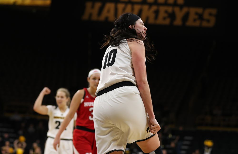Iowa Hawkeyes forward Megan Gustafson (10) reacts after making a basket and draws a foul against the Nebraska Cornhuskers Thursday, January 3, 2019 at Carver-Hawkeye Arena. (Brian Ray/hawkeyesports.com)