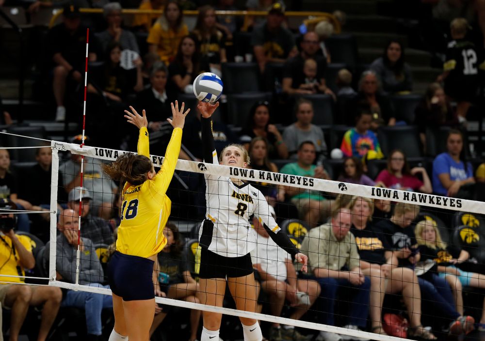 Iowa Hawkeyes right side hitter Reghan Coyle (8) against the Michigan Wolverines Sunday, September 23, 2018 at Carver-Hawkeye Arena. (Brian Ray/hawkeyesports.com)