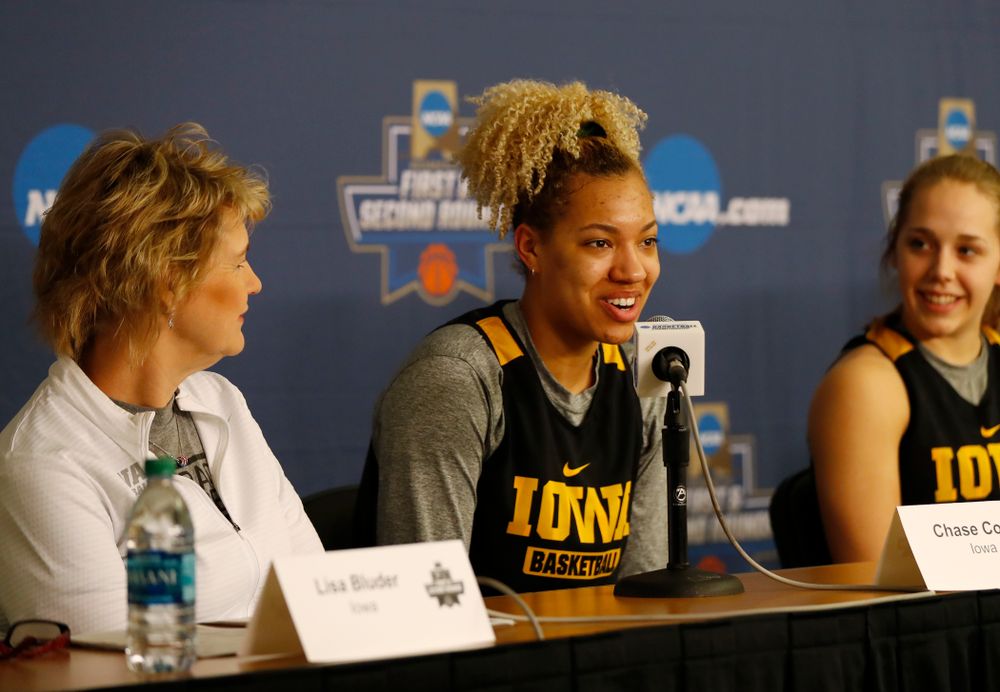 Iowa Hawkeyes forward Chase Coley (4) answers questions from the media during a news conference Friday, March 16, 2018 at Pauley Pavilion on the campus of UCLA. (Brian Ray/hawkeyesports.com)