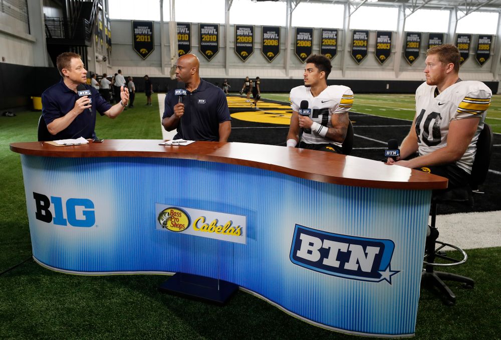 Iowa Hawkeyes defensive back Amani Hooker (27) and defensive end Parker Hesse (40) on the Big Ten Network set Monday, August 20, 2018 at the Hansen Football Performance Center. (Brian Ray/hawkeyesports.com)