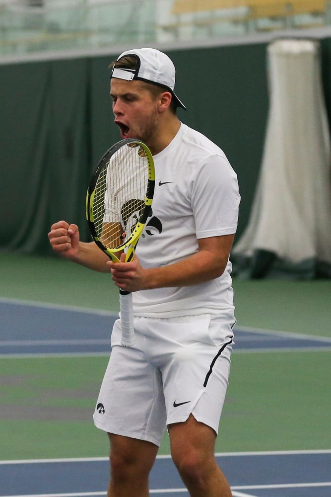 Iowa’s Will Davies celebrates a point during the Iowa men’s tennis match vs Western Michigan on Saturday, January 18, 2020 at the Hawkeye Tennis and Recreation Complex. (Lily Smith/hawkeyesports.com)
