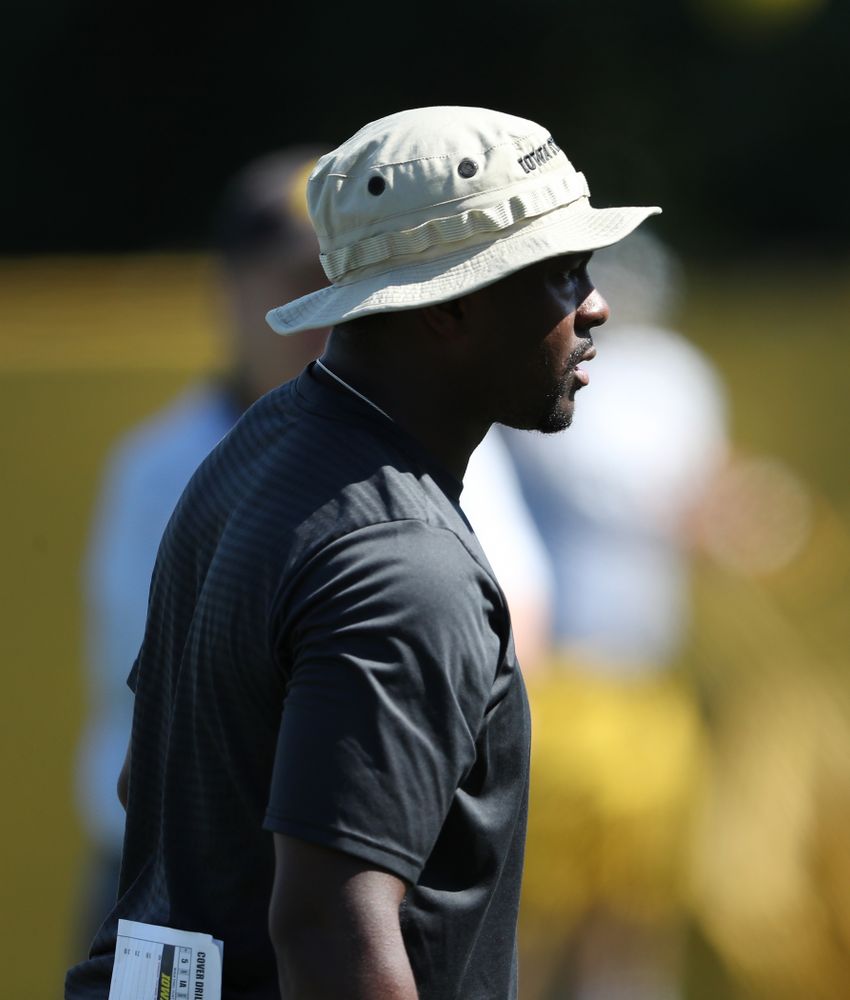 Iowa Hawkeyes running backs coach Derrick Foster during Fall Camp Practice No. 5 Tuesday, August 6, 2019 at the Ronald D. and Margaret L. Kenyon Football Practice Facility. (Brian Ray/hawkeyesports.com)