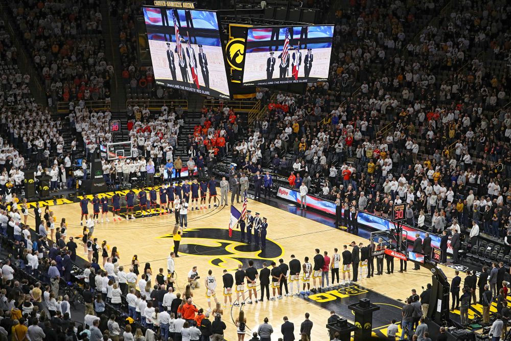 The National Anthem is performed before the game at Carver-Hawkeye Arena in Iowa City on Sunday, February 2, 2020. (Stephen Mally/hawkeyesports.com)