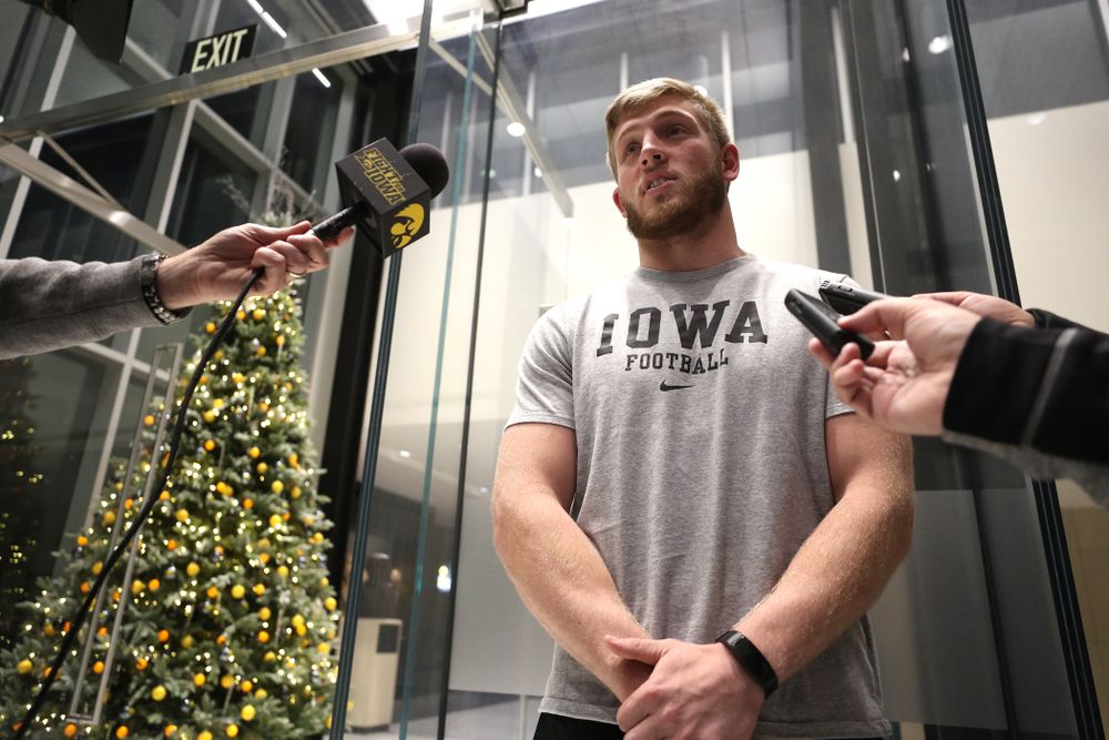 Iowa Hawkeyes defensive back Jake Gervase (30) addresses the media about the Hawkeyes selection to face Mississippi State in the Outback Bowl Sunday, December 2, 2018 at the Hansen Football Performance Center. (Brian Ray/hawkeyesports.com)