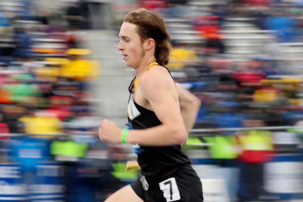 Iowa's Nathan Mylenek runs the men's distance medley relay event during the third day of the Drake Relays at Drake Stadium in Des Moines on Saturday, Apr. 27, 2019. (Stephen Mally/hawkeyesports.com)