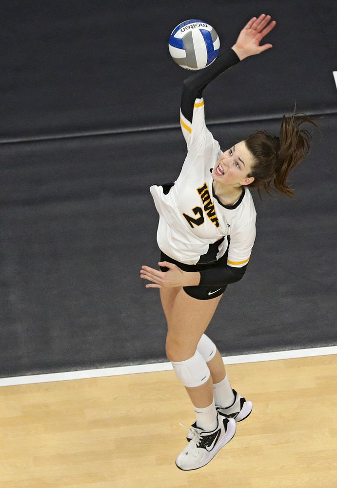 Iowa’s Courtney Buzzerio (2) lines up a shot during the second set of their match at Carver-Hawkeye Arena in Iowa City on Saturday, Nov 30, 2019. (Stephen Mally/hawkeyesports.com)