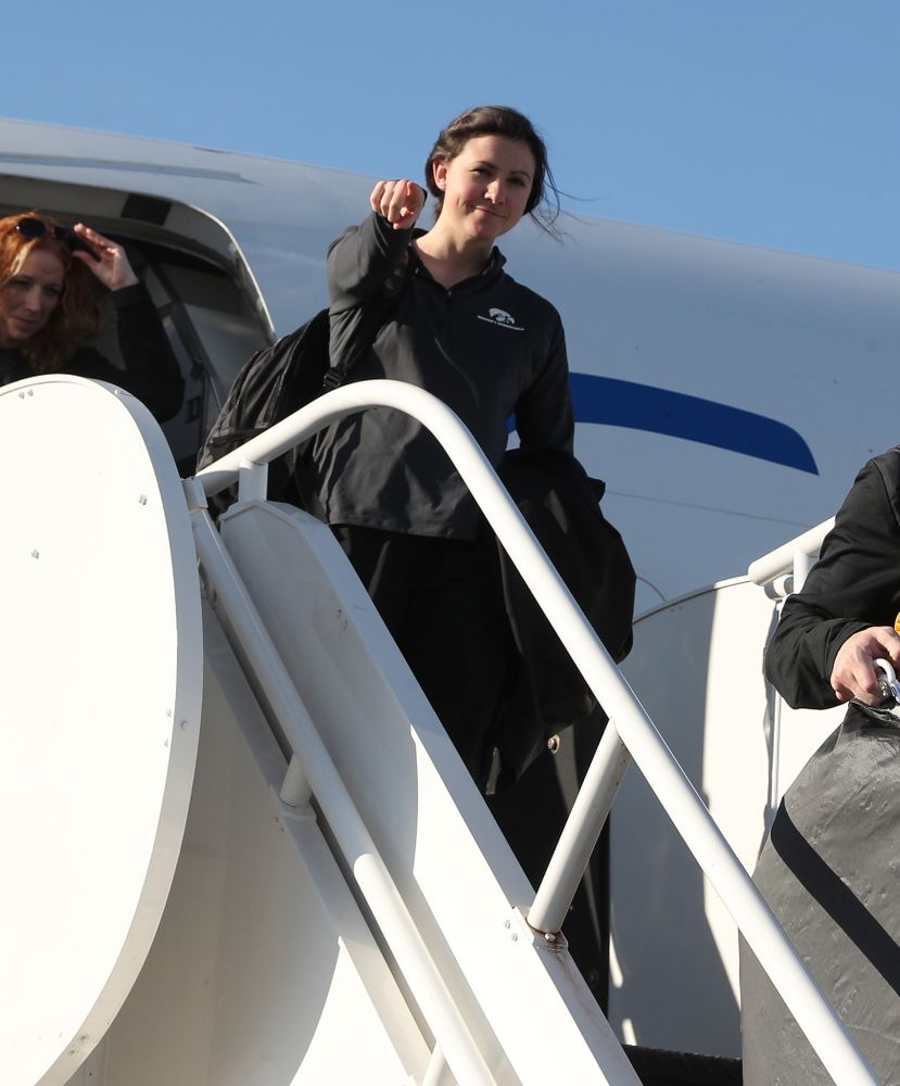 Director of Basketball Operations Kathryn Reynolds arrives in Greensboro, NC for the Regionals of the 2019 NCAA Women's Basketball Championships Thursday, March 28, 2019 at the Eastern Iowa Airport. (Brian Ray/hawkeyesports.com)