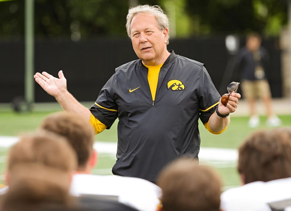 University of Iowa President Bruce Harreld talks to the team during Fall Camp Practice No. 10 at the Hansen Football Performance Center in Iowa City on Tuesday, Aug 13, 2019. (Stephen Mally/hawkeyesports.com)