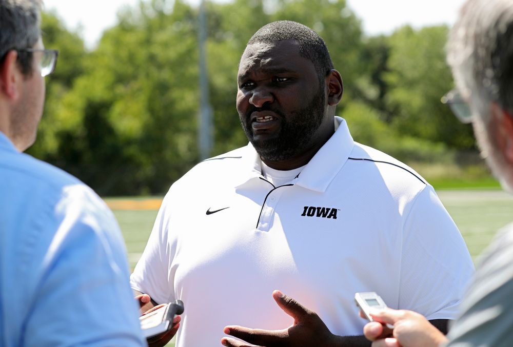 Iowa Hawkeyes defensive line coach Kelvin Bell answers questions during Iowa Football Media Day at the Hansen Football Performance Center in Iowa City on Friday, Aug 9, 2019. (Stephen Mally/hawkeyesports.com)