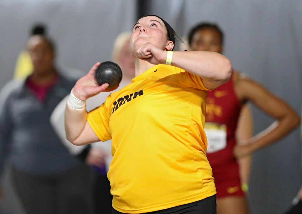 Iowa’s Jamie Kofron competes in the women’s shot put event during the Jimmy Grant Invitational at the Recreation Building in Iowa City on Saturday, December 14, 2019. (Stephen Mally/hawkeyesports.com)