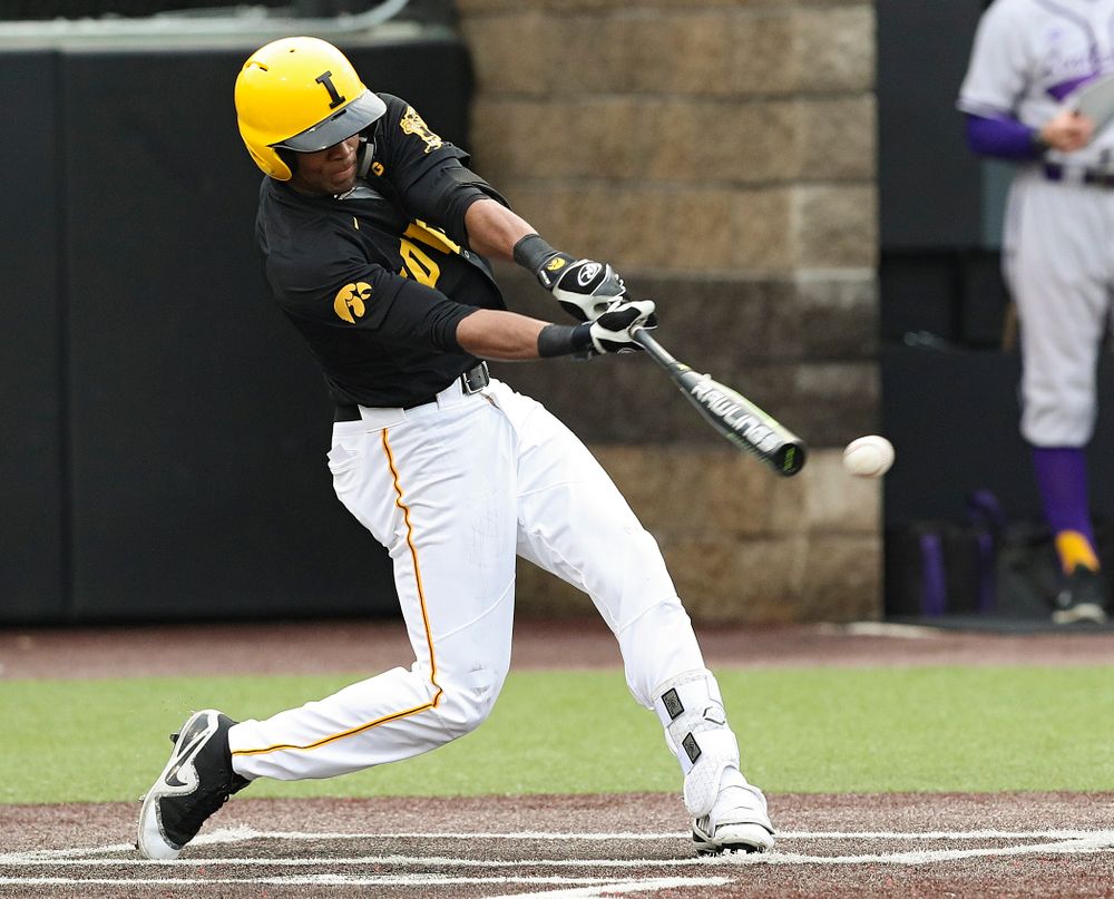 Iowa Hawkeyes third baseman Lorenzo Elion (1) drives in a run during the second inning of their game against Western Illinois at Duane Banks Field in Iowa City on Wednesday, May. 1, 2019. (Stephen Mally/hawkeyesports.com)